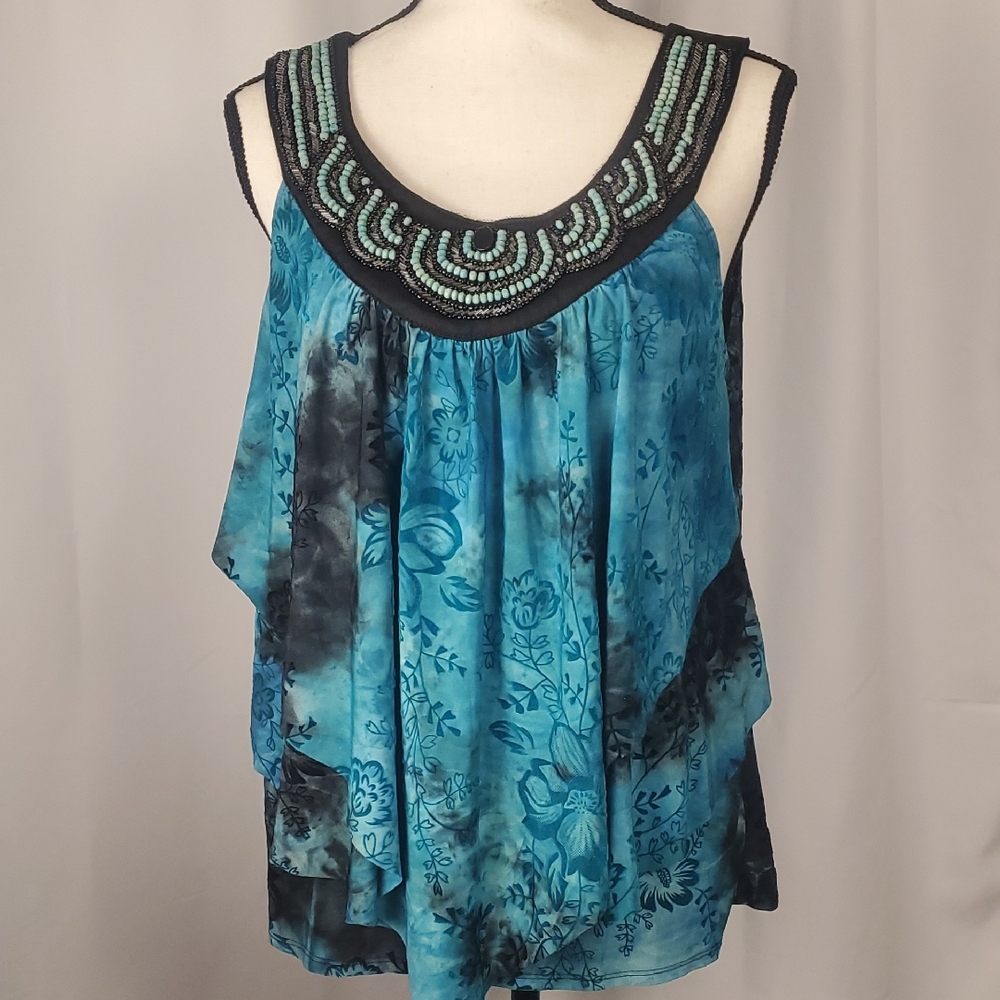 Cato Black and Blue Embellished Asymmetrical Blouse
